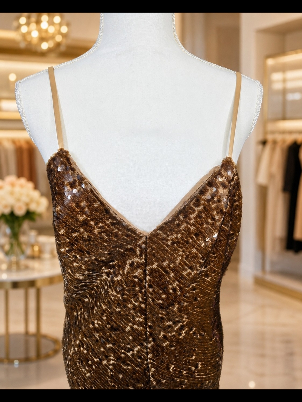 Halston Tobacco Bronze Sequin Midi Dress NWT Size 10 - Picture 7 of 8